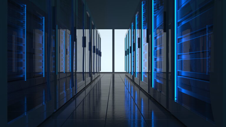Server racks in computer network security server room data center. 3D render dark blue